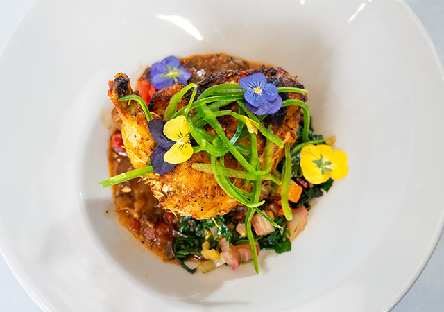 Gourmet dish featuring grilled chicken, colorful vegetables, and edible flowers.