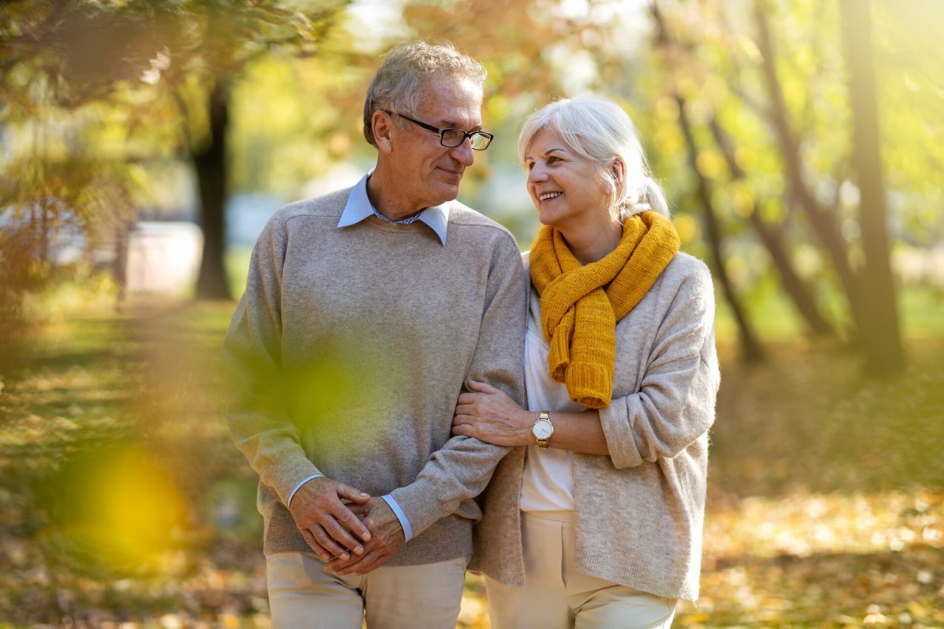 Senior couple walking arm in arm in the park